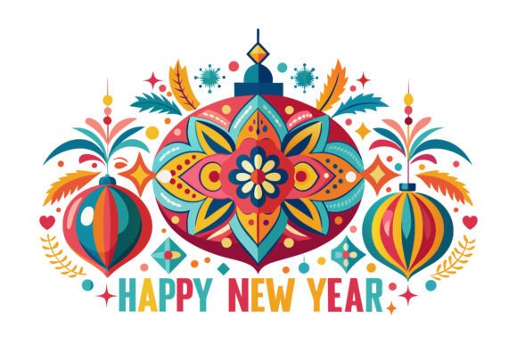 Colorful Ornament Design Happy New Year Graphics Freebies