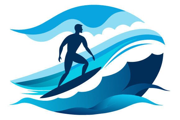Man Surfing the Sea White Backdrop Black Graphics