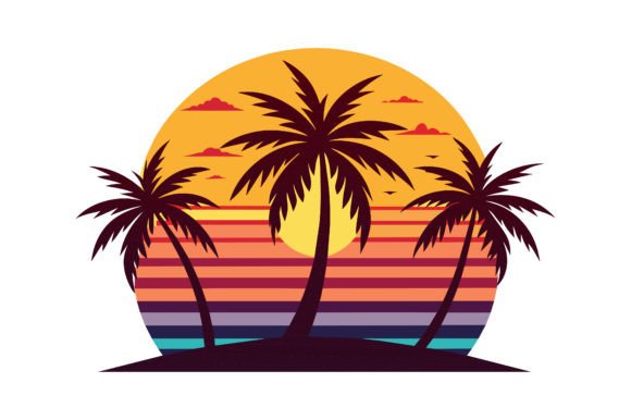 Sunset with Palm Trees Vector Graphics Freebies